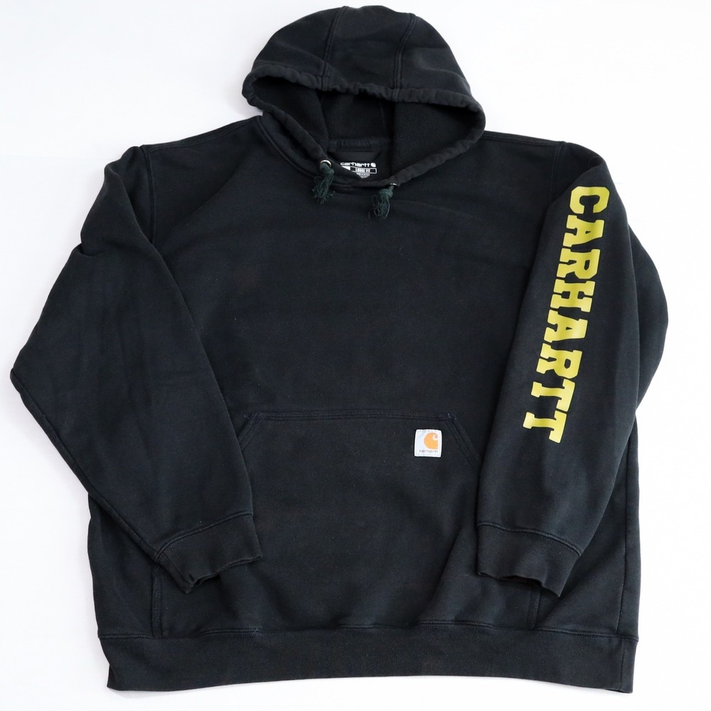 Carhartt Hoodie Mens XL Black Loose Fit Graphic Sleeve Logo Workwear Pullover